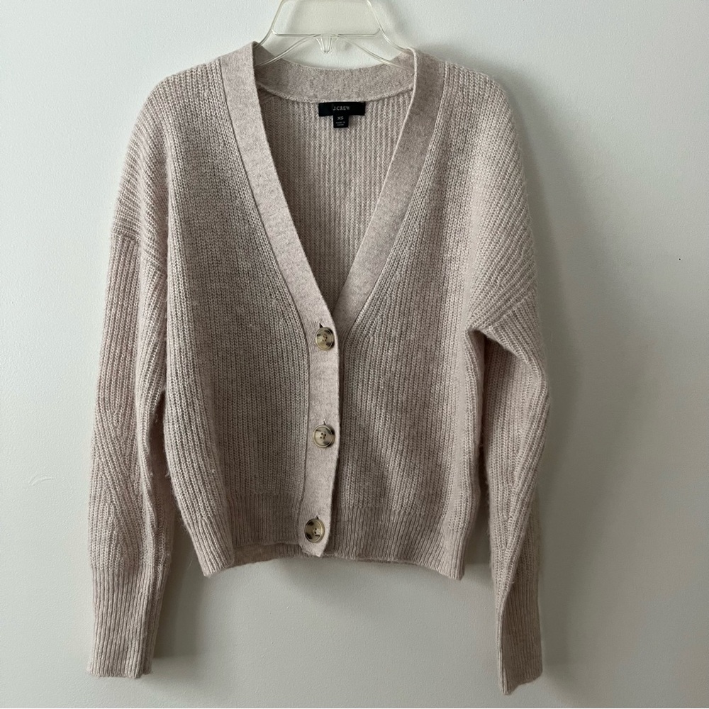 J. Crew Ribbed Cardigan Sweater XS Beige Alpaca Wool Blend Cozy Neutral